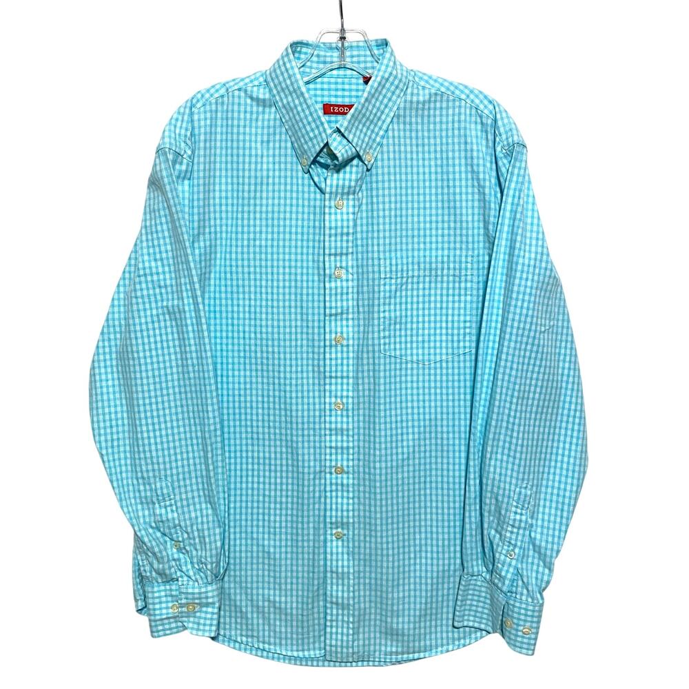 Izod Blue Plaid Button Front Shirt Mens S Summer Coastal Business Casual Office
